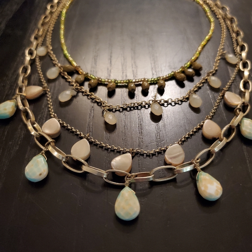 Multi strand gold chain necklace with opalescent faceted beads, short 9-11" drop